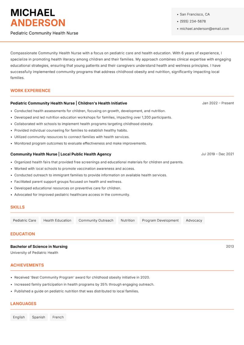 Community Health Nurse resume sample — Pediatric Community Health Nurse focus