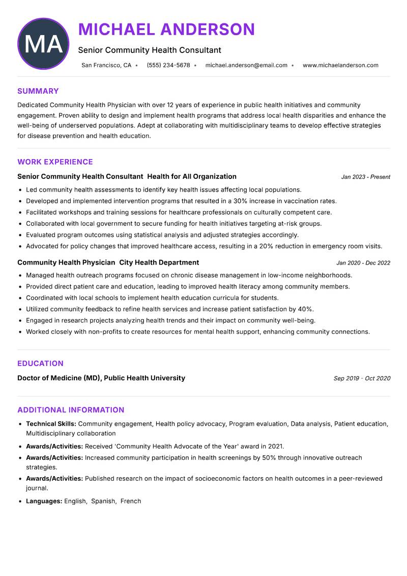 Community Health Physician resume example