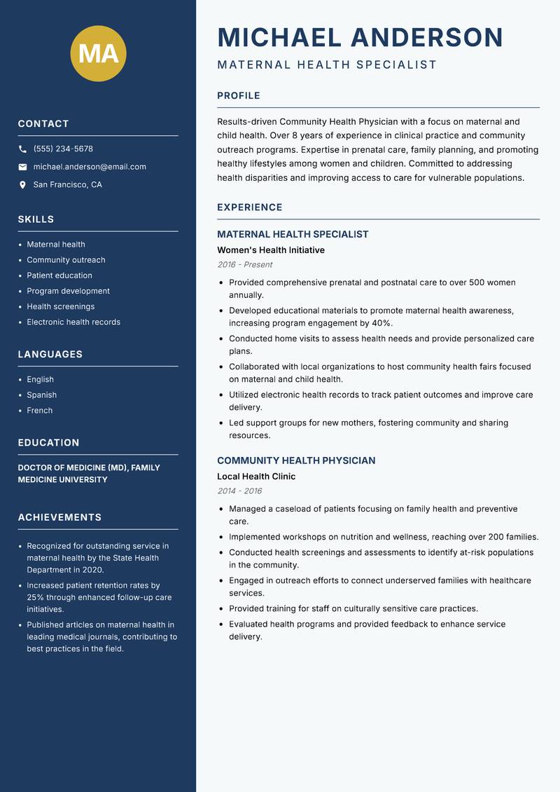 Community Health Physician resume sample — Maternal Health Specialist focus