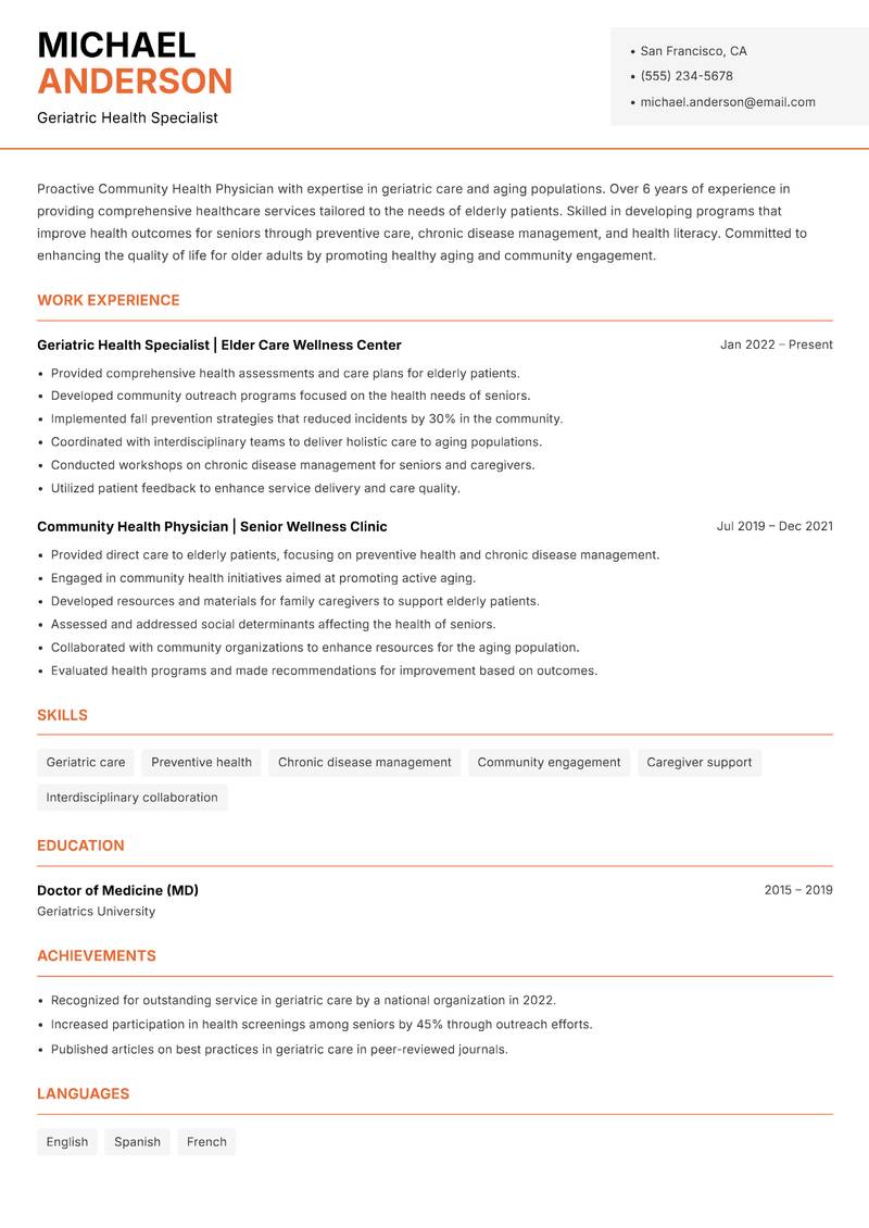 Community Health Physician resume sample — Geriatric Health Specialist focus