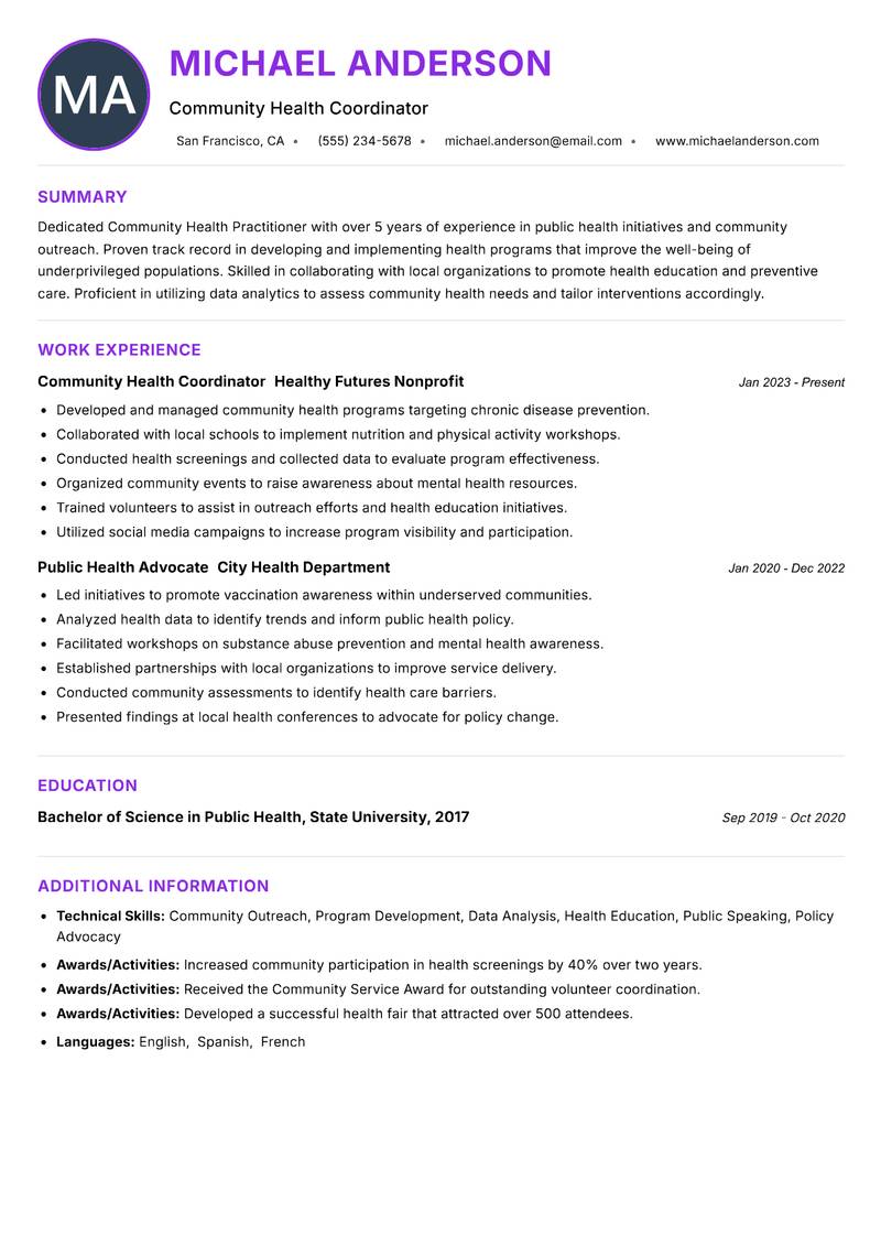 Community Health Practitioner resume example
