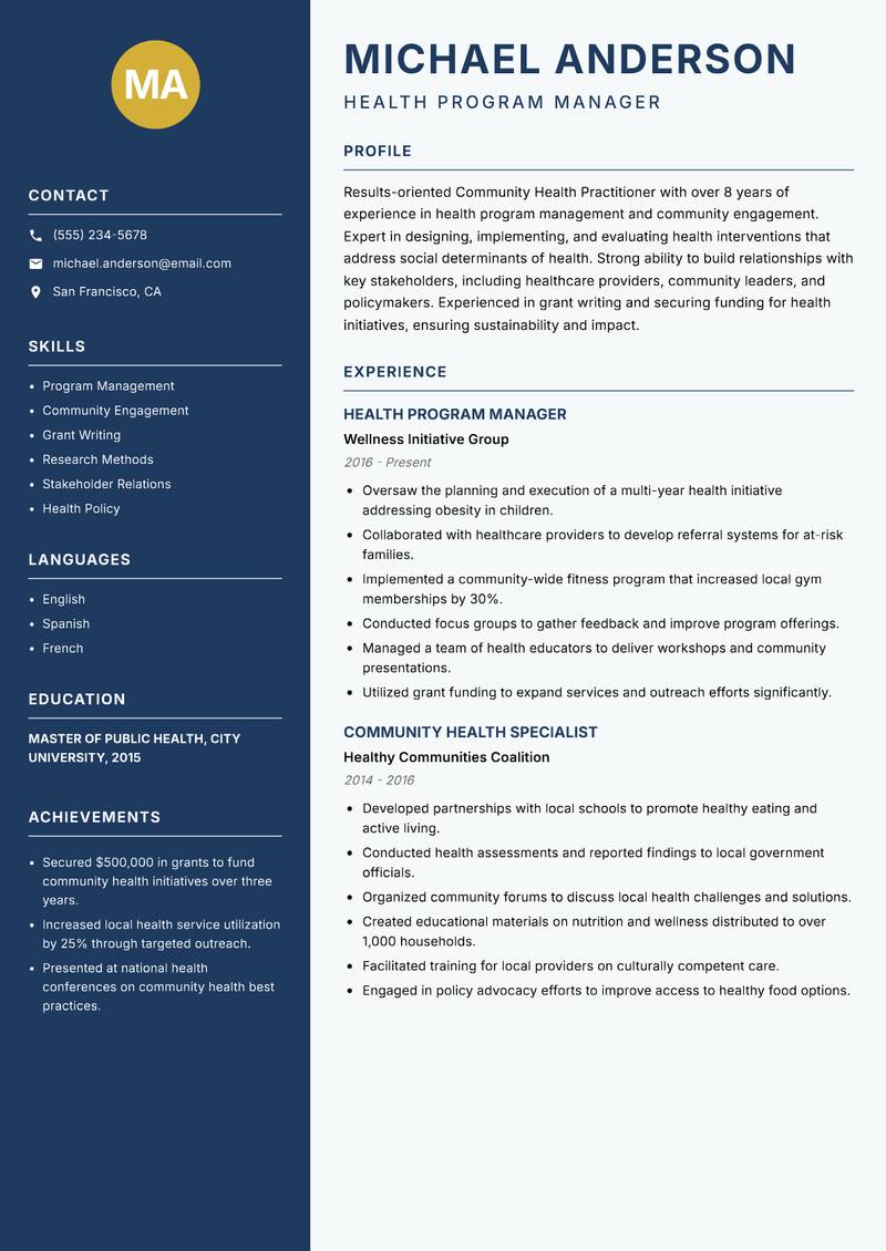 Community Health Practitioner resume sample — Health Program Manager focus