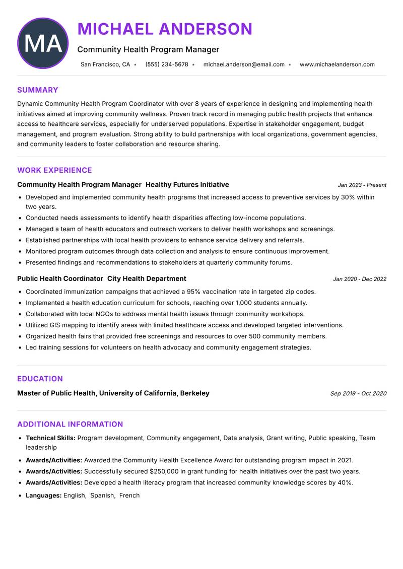 Community Health Program Coordinator resume example