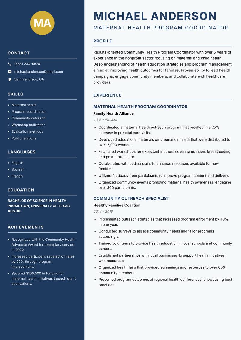 Community Health Program Coordinator resume sample — Maternal Health Program Coordinator focus