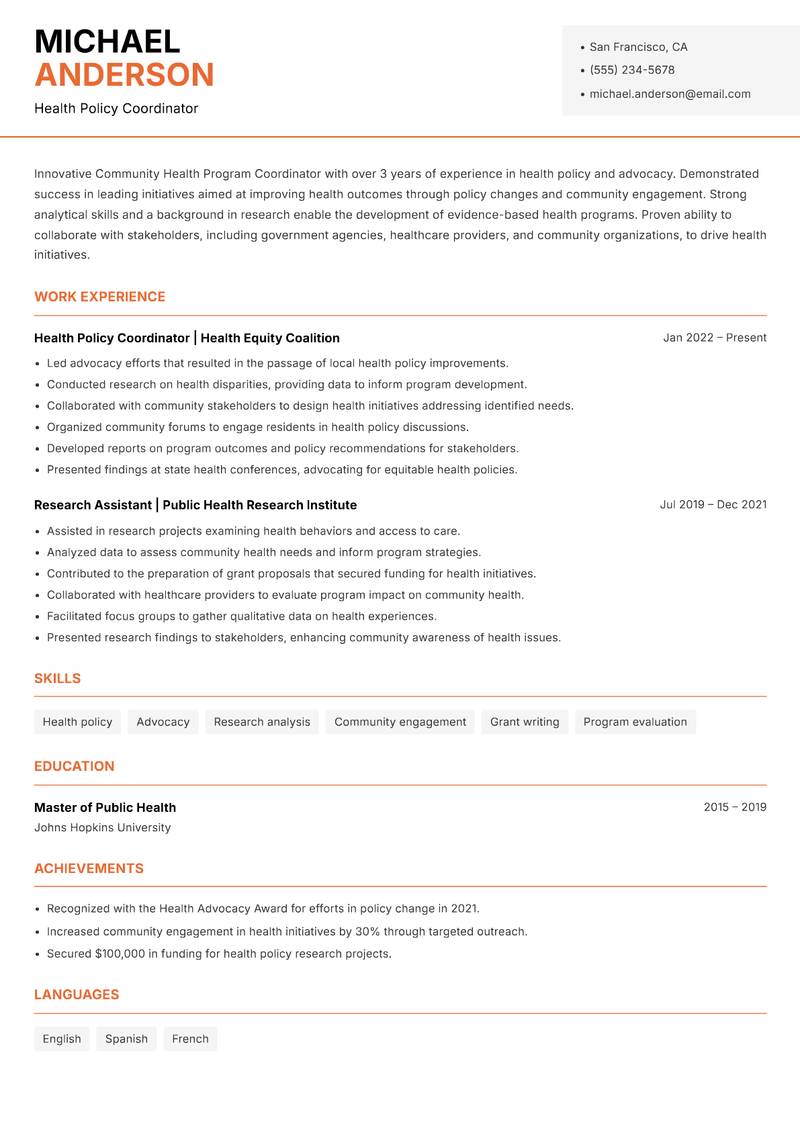 Community Health Program Coordinator resume sample — Health Policy Coordinator focus