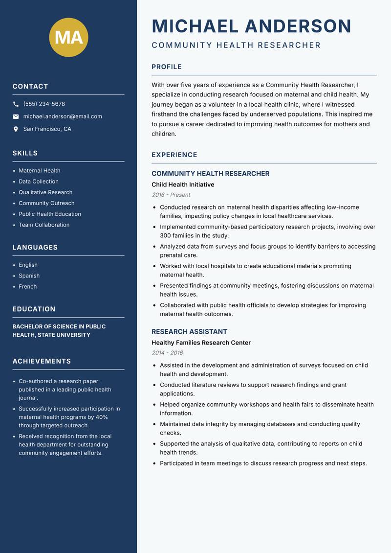 Community Health Researcher resume sample — Community Health Researcher focus