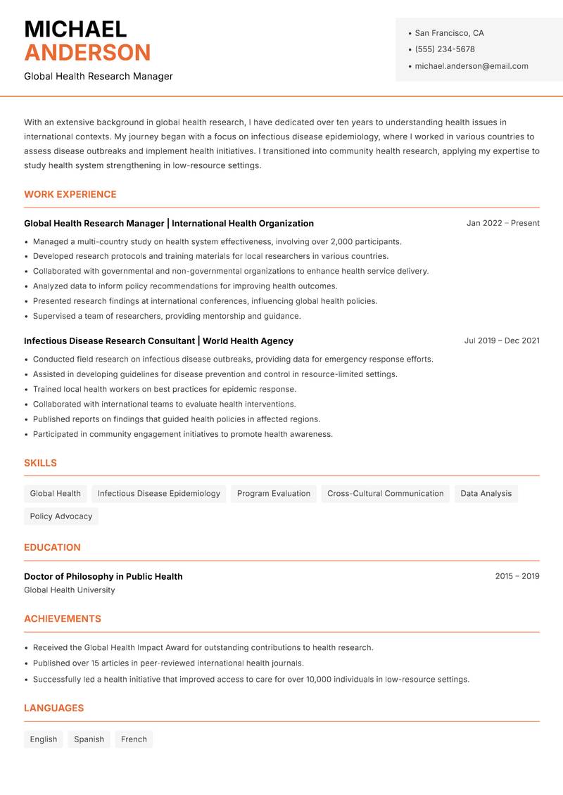 Community Health Researcher resume sample — Global Health Research Manager focus