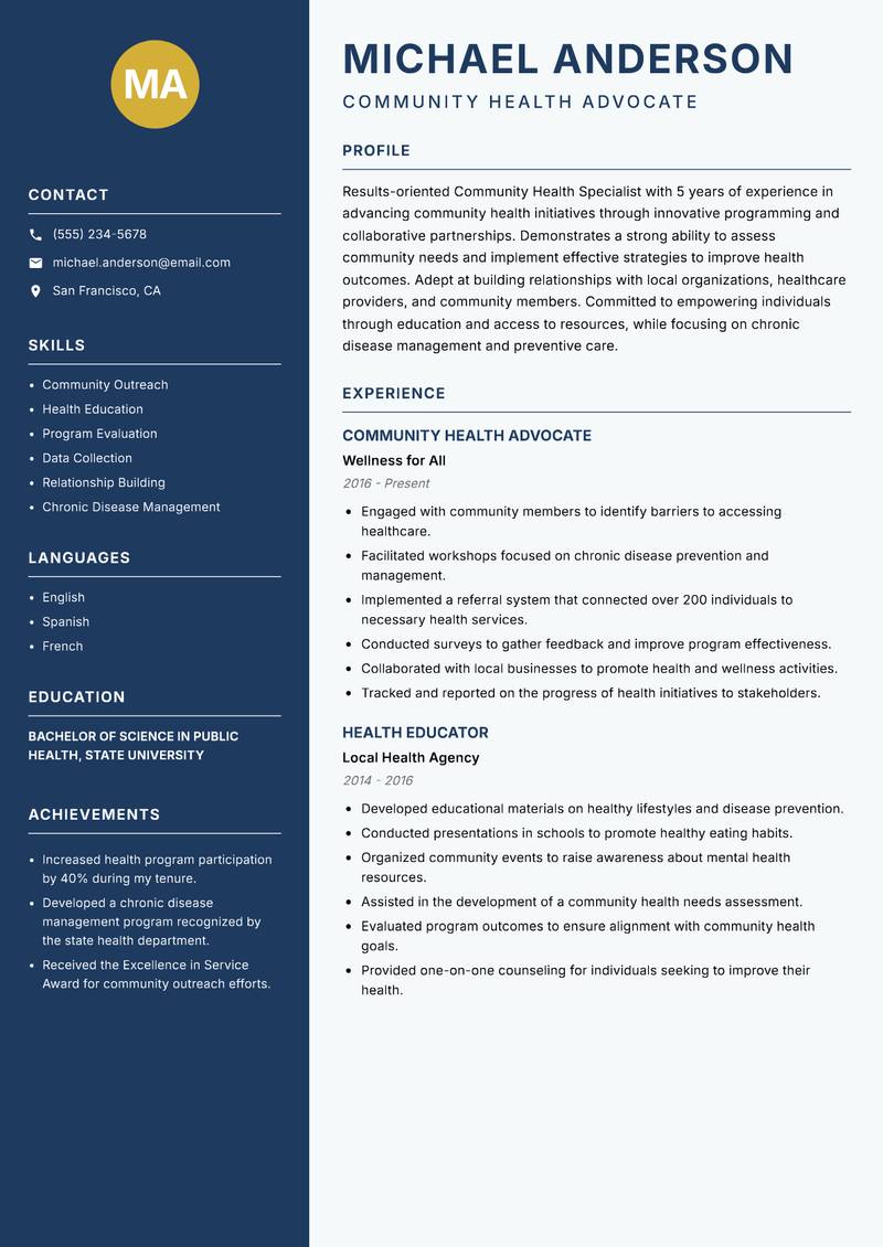 Community Health Specialist resume sample — Community Health Advocate focus