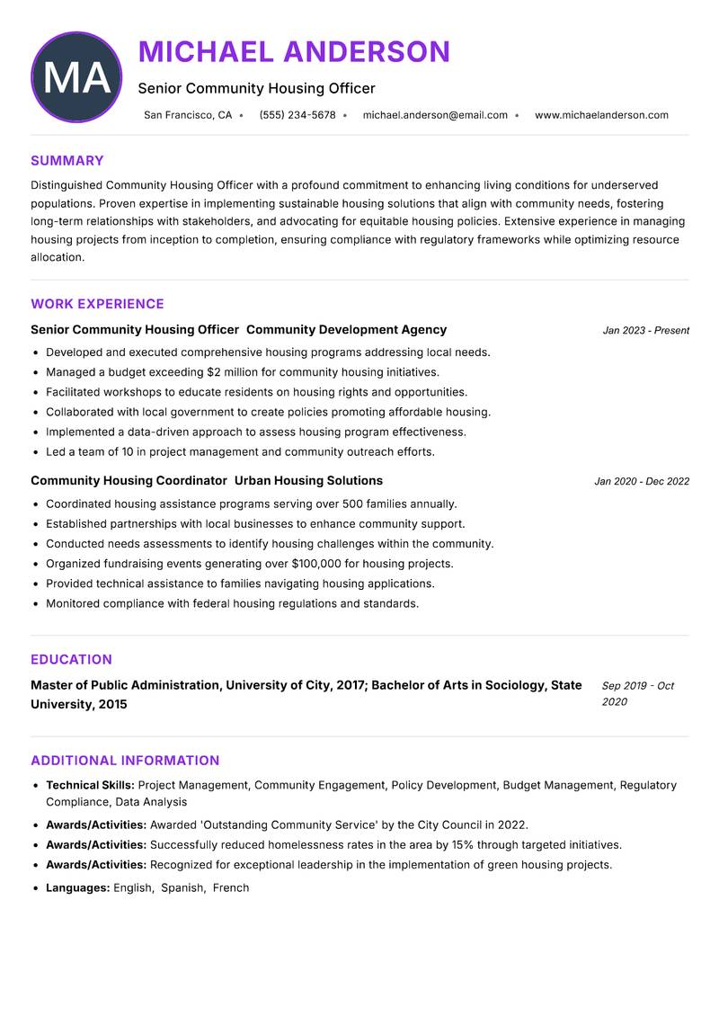 Community Housing Officer resume example