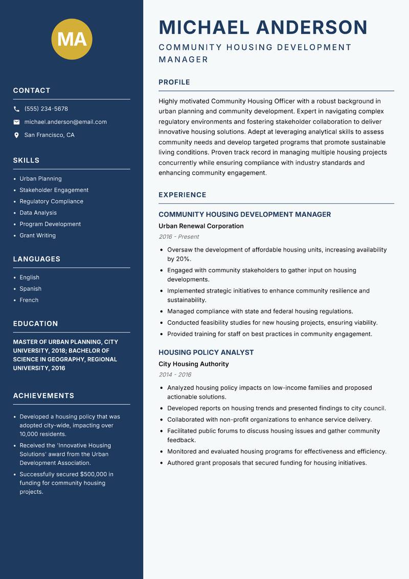 Community Housing Officer resume sample — Community Housing Development Manager focus