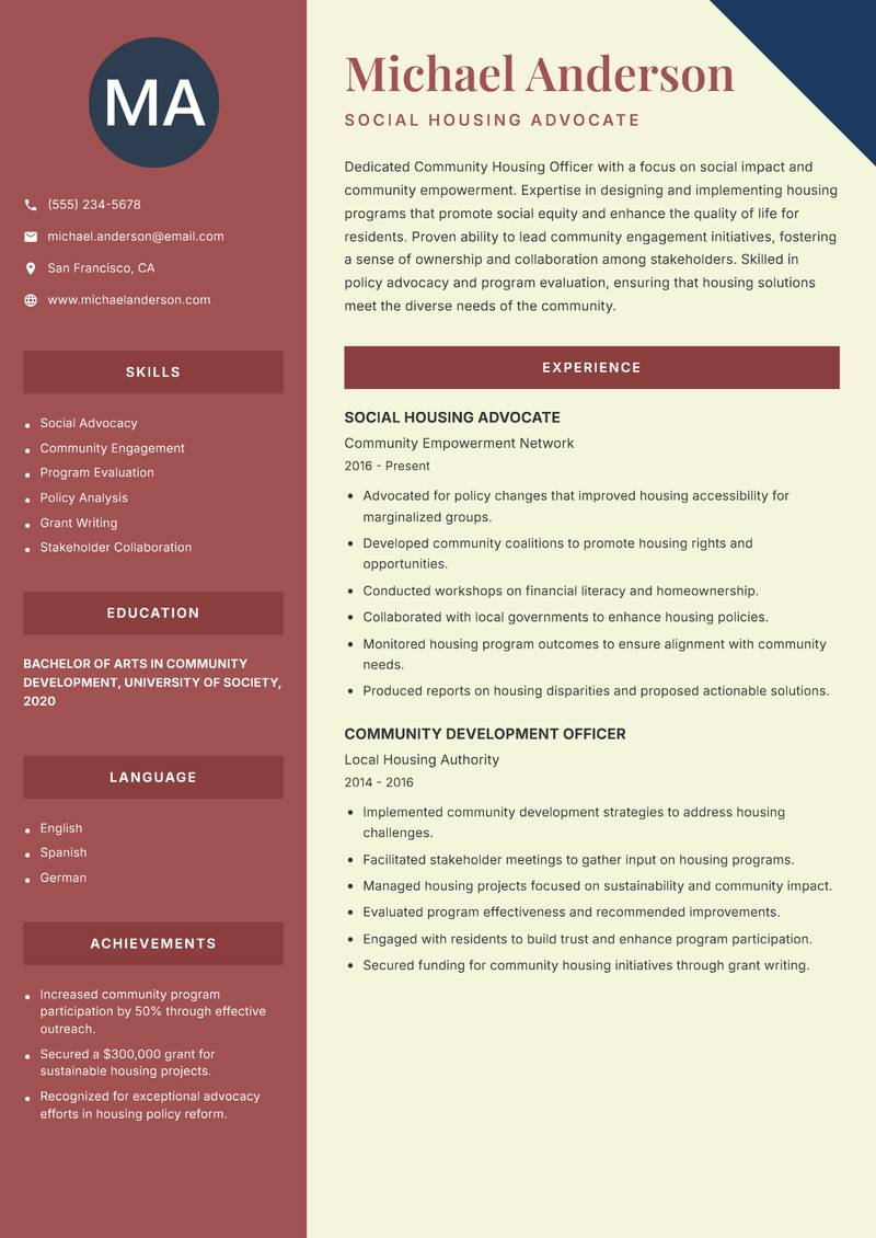 Community Housing Officer resume sample — Social Housing Advocate focus