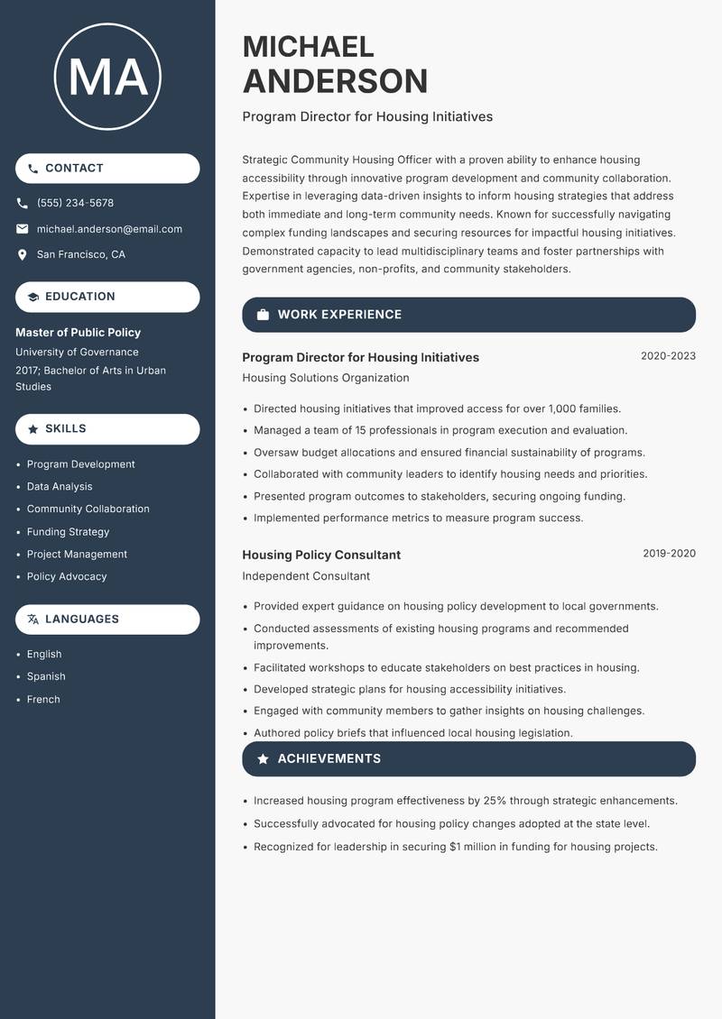 Community Housing Officer resume sample — Program Director for Housing Initiatives focus