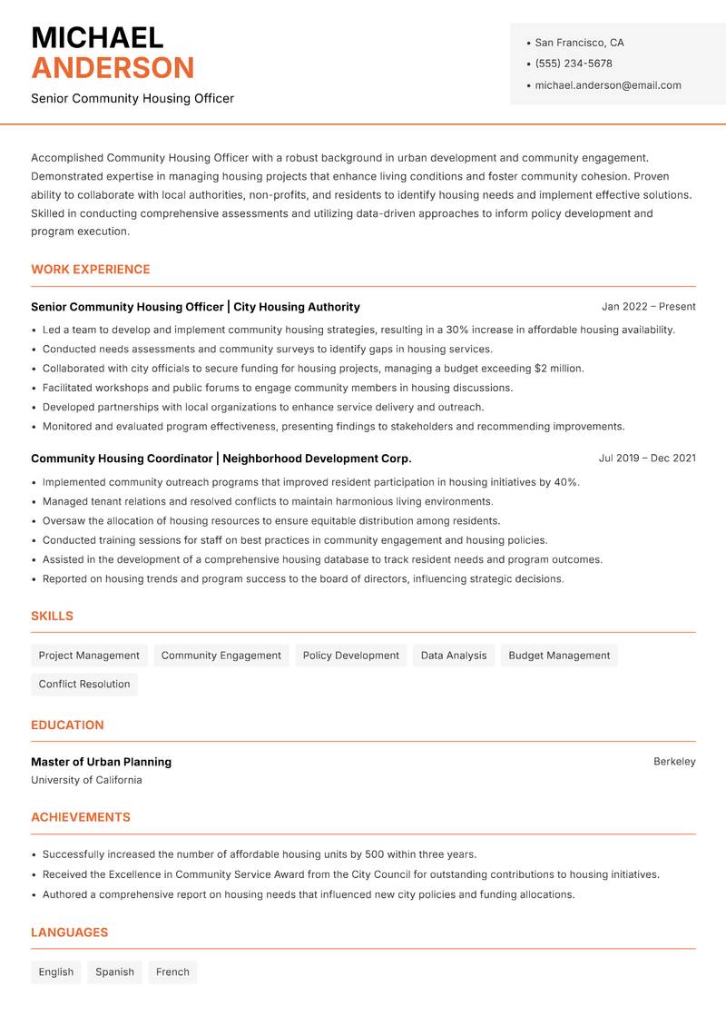 Community Housing Officer resume sample — Senior Community Housing Officer focus