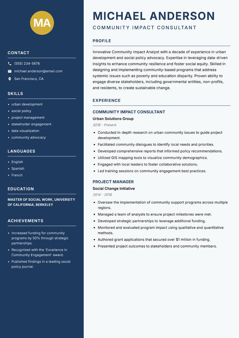 Community Impact Analyst resume sample — Community Impact Consultant focus
