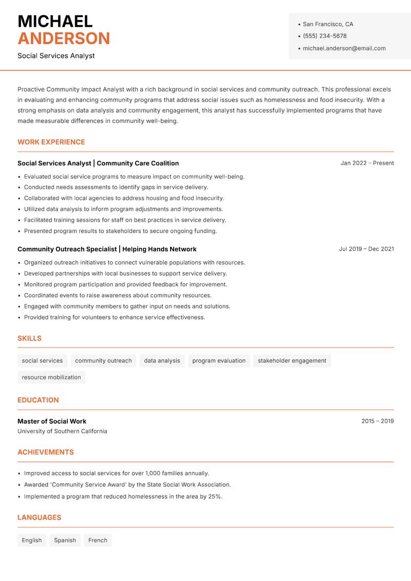 Community Impact Analyst resume sample — Social Services Analyst focus