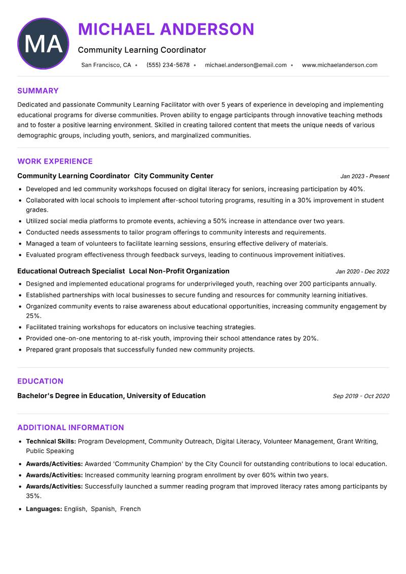 Community Learning Facilitator resume example