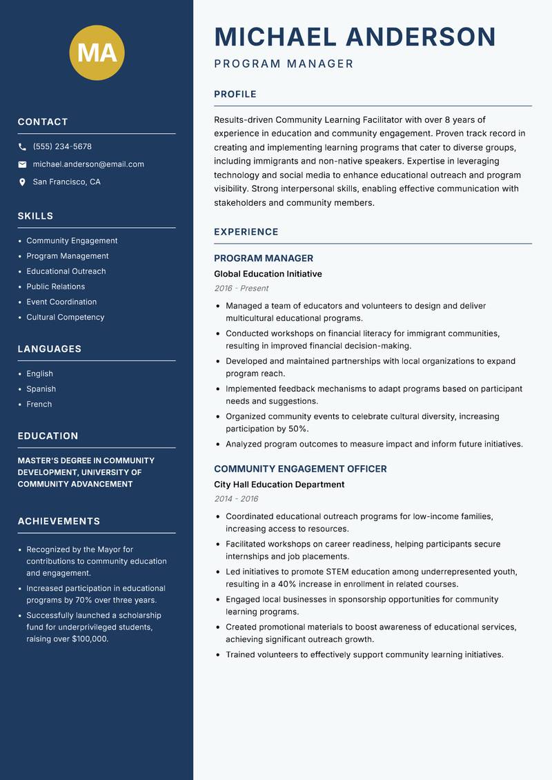 Community Learning Facilitator resume sample — Program Manager focus