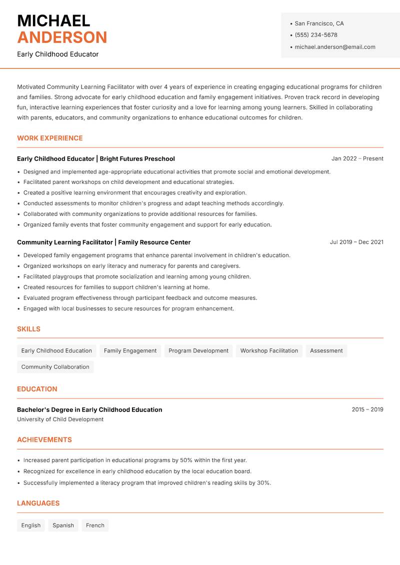 Community Learning Facilitator resume sample — Early Childhood Educator focus