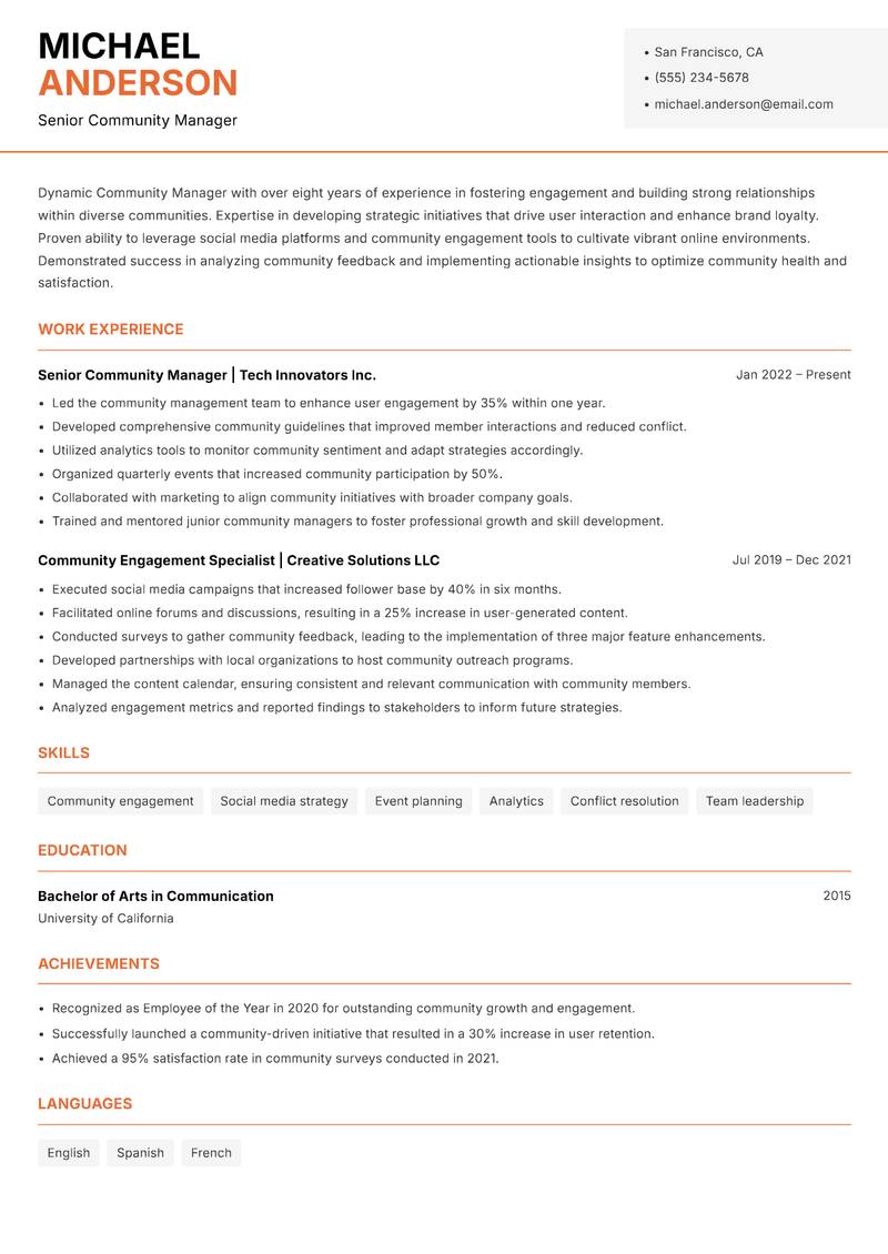 Community Manager resume sample — Senior Community Manager focus
