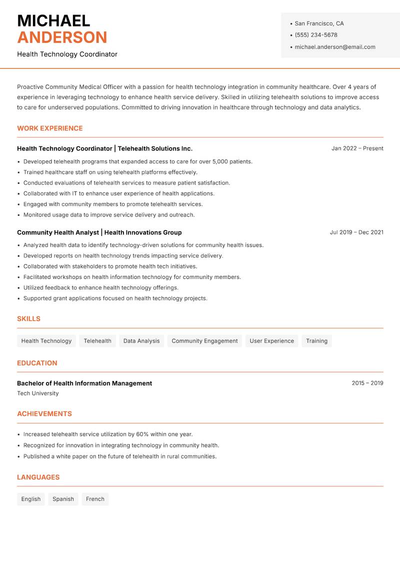 Community Medical Officer resume sample — Health Technology Coordinator focus