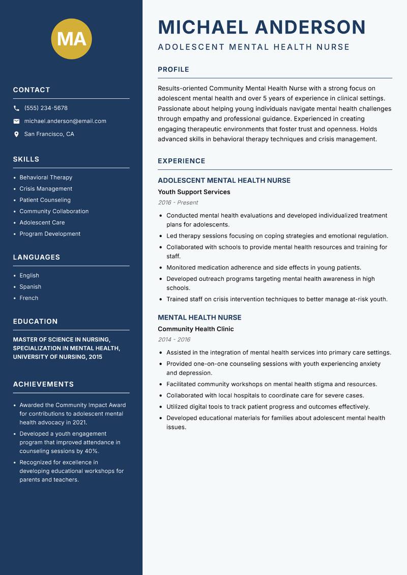 Community Mental Health Nurse resume sample — Adolescent Mental Health Nurse focus