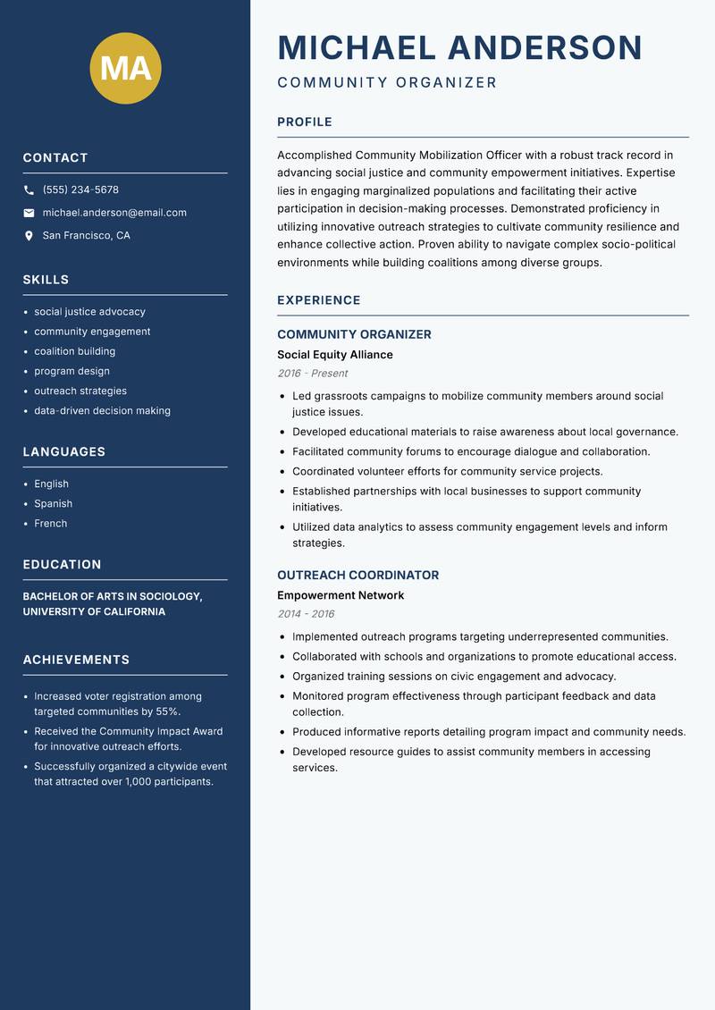 Community Mobilization Officer resume sample — Community Organizer focus