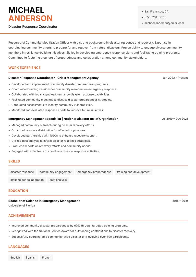 Community Mobilization Officer resume sample — Disaster Response Coordinator focus