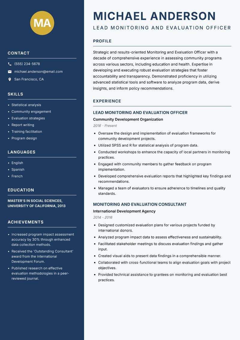 Community Monitoring and Evaluation Officer resume sample — Lead Monitoring and Evaluation Officer focus