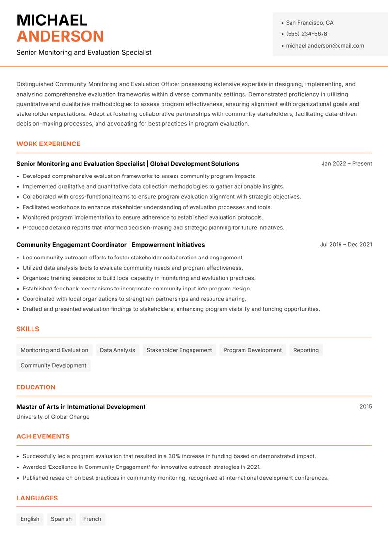 Community Monitoring and Evaluation Officer resume sample — Senior Monitoring and Evaluation Specialist focus