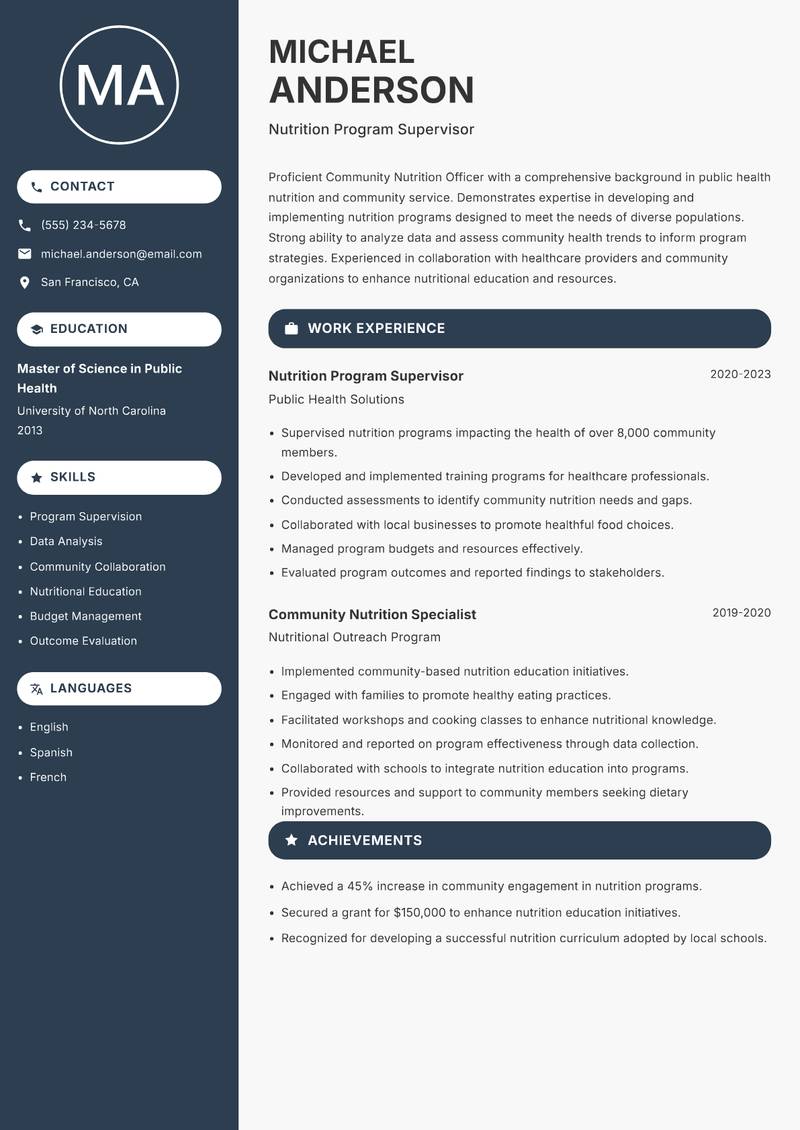 Community Nutrition Officer resume sample — Nutrition Program Supervisor focus
