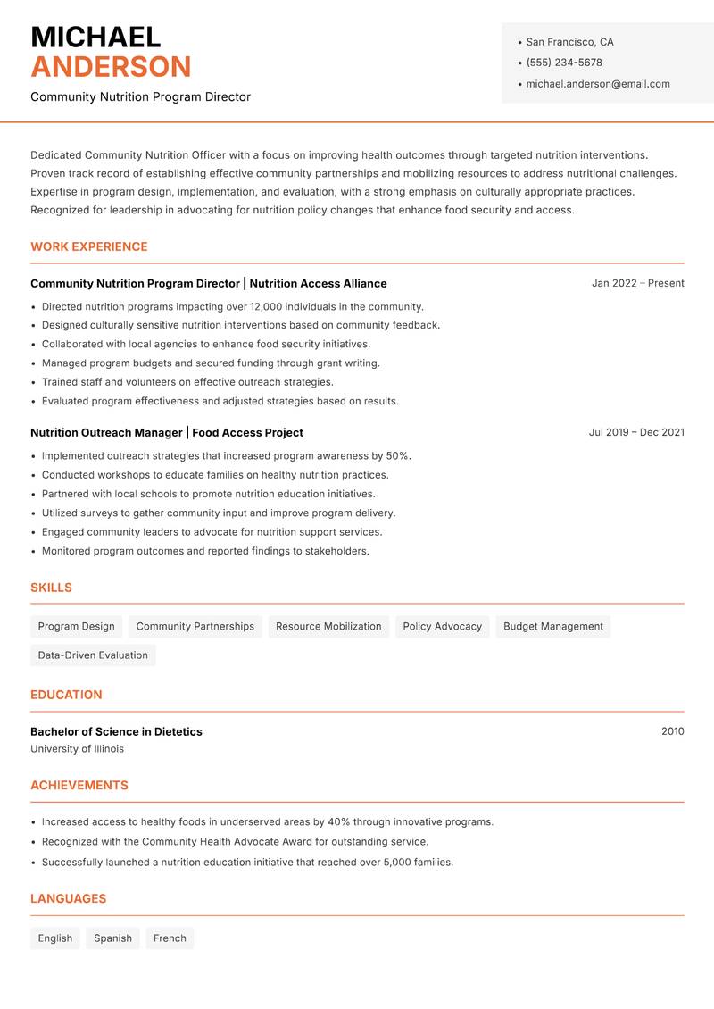 Community Nutrition Officer resume sample — Community Nutrition Program Director focus