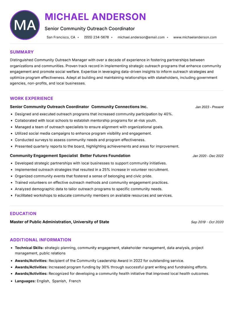 Community Outreach Manager resume example