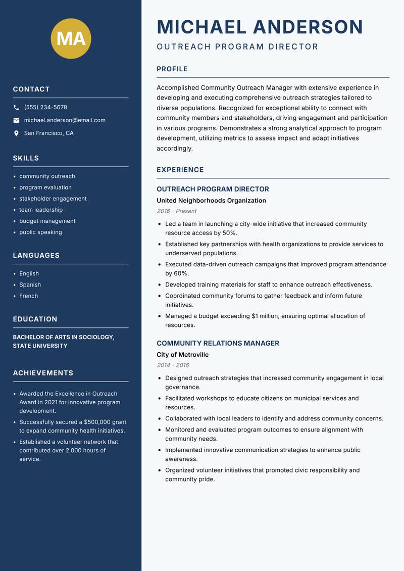 Community Outreach Manager resume sample — Outreach Program Director focus