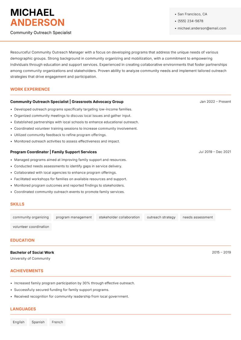 Community Outreach Manager resume sample — Community Outreach Specialist focus