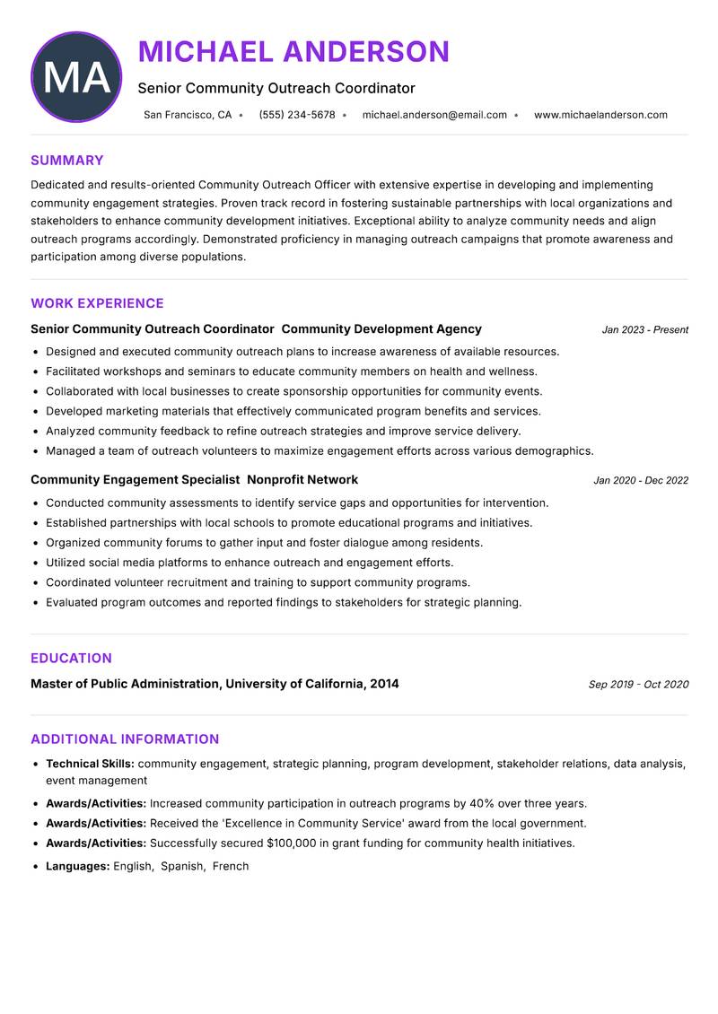 Community Outreach Officer resume example