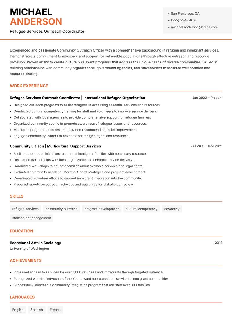 Community Outreach Officer resume sample — Refugee Services Outreach Coordinator focus