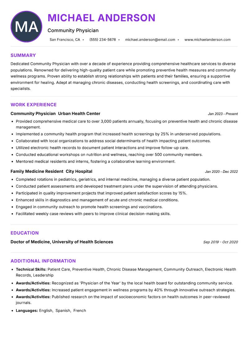 Community Physician resume example