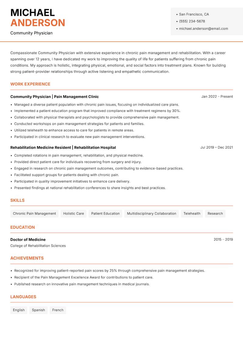 Community Physician resume sample — Community Physician focus