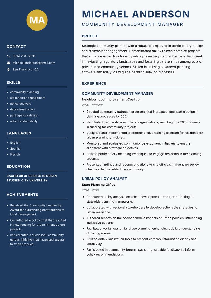 Community Planning Officer resume sample — Community Development Manager focus