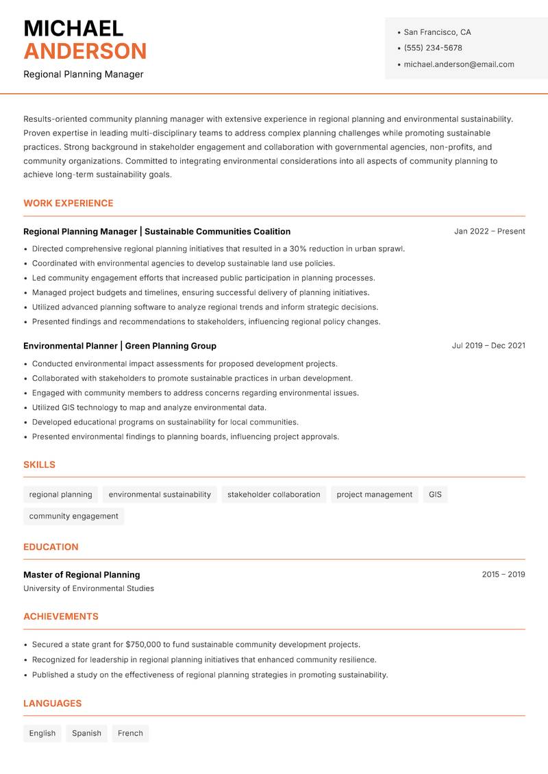 Community Planning Officer resume sample — Regional Planning Manager focus