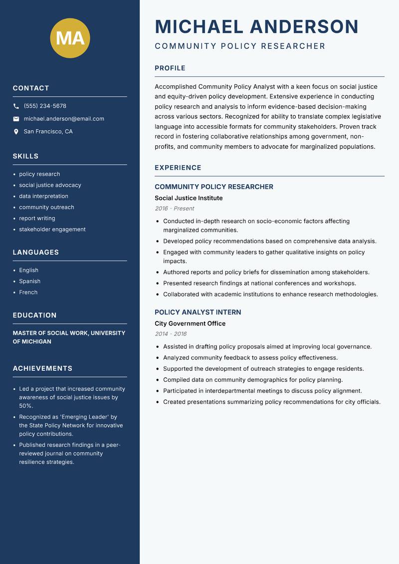 Community Policy Analyst resume sample — Community Policy Researcher focus