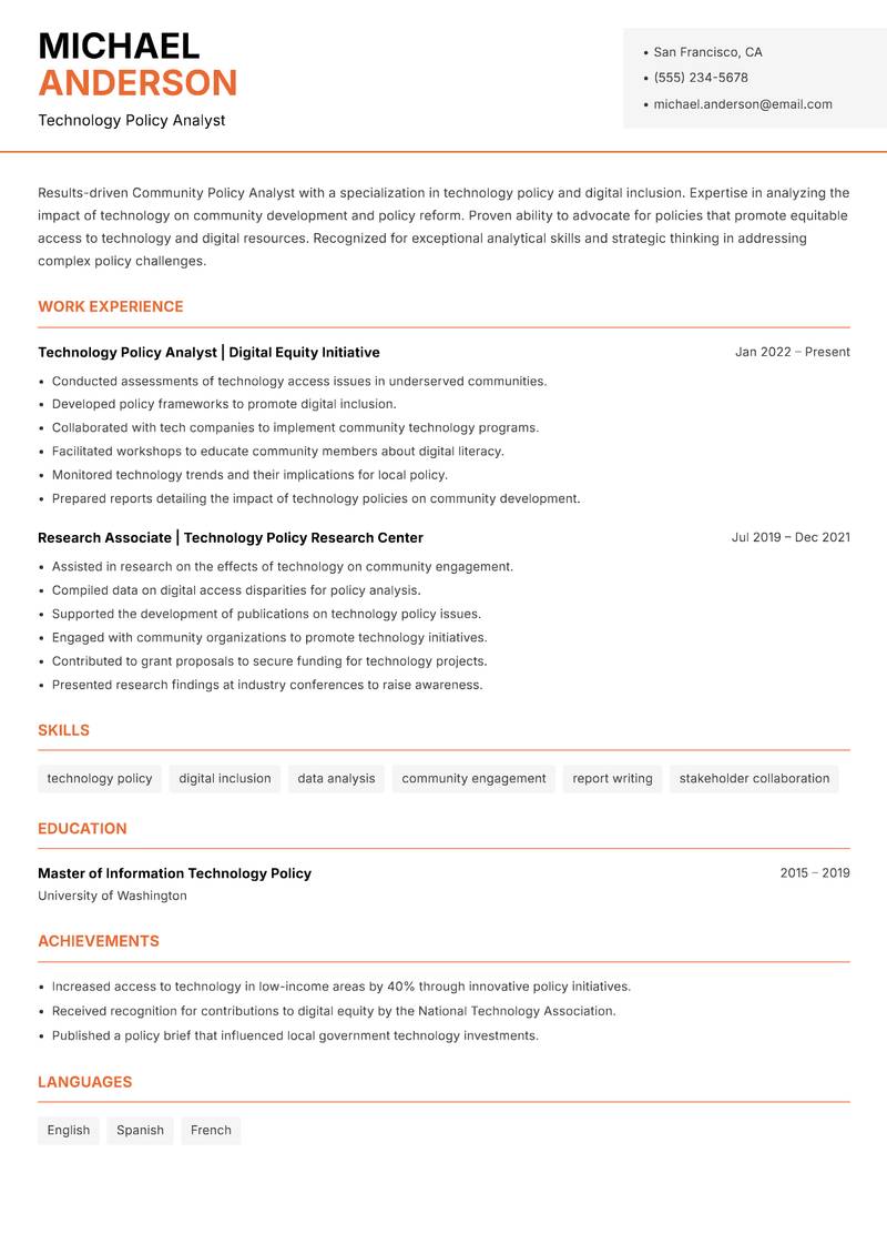 Community Policy Analyst resume sample — Technology Policy Analyst focus