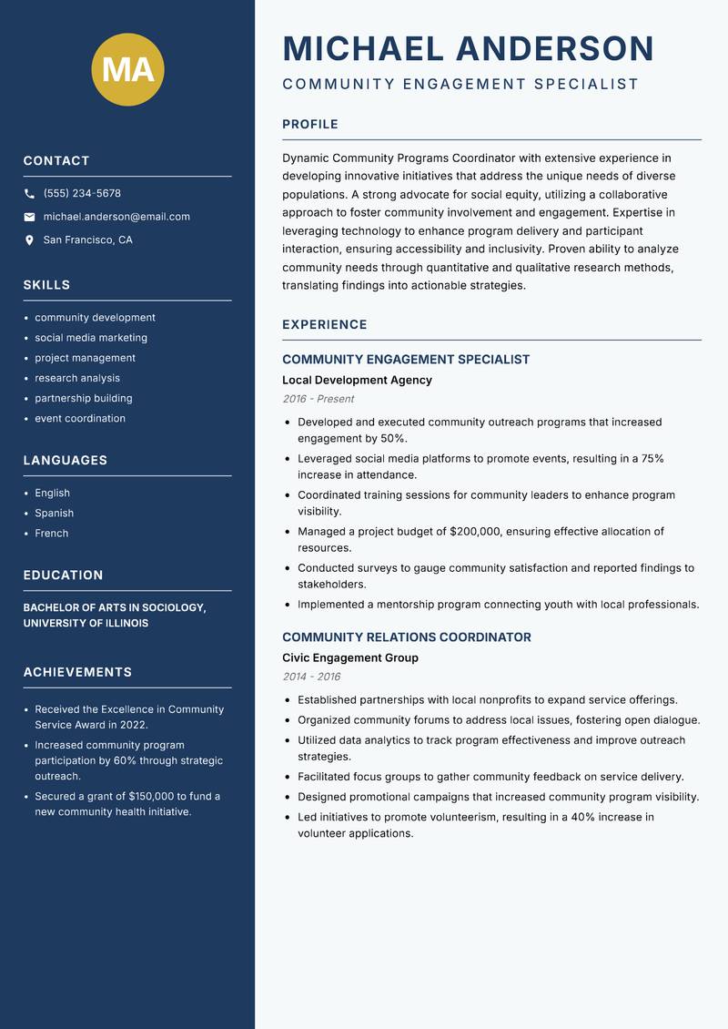 Community Programs Coordinator resume sample — Community Engagement Specialist focus