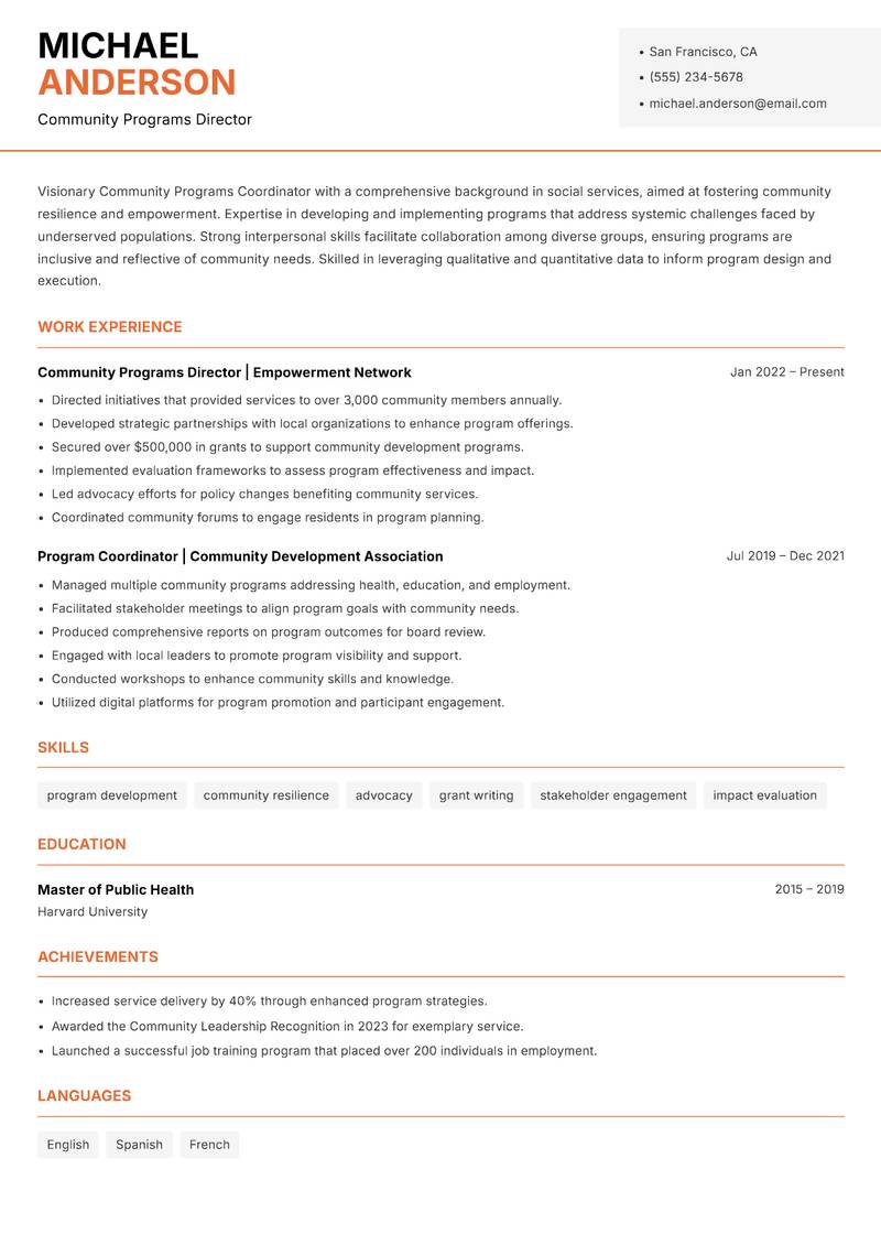 Community Programs Coordinator resume sample — Community Programs Director focus