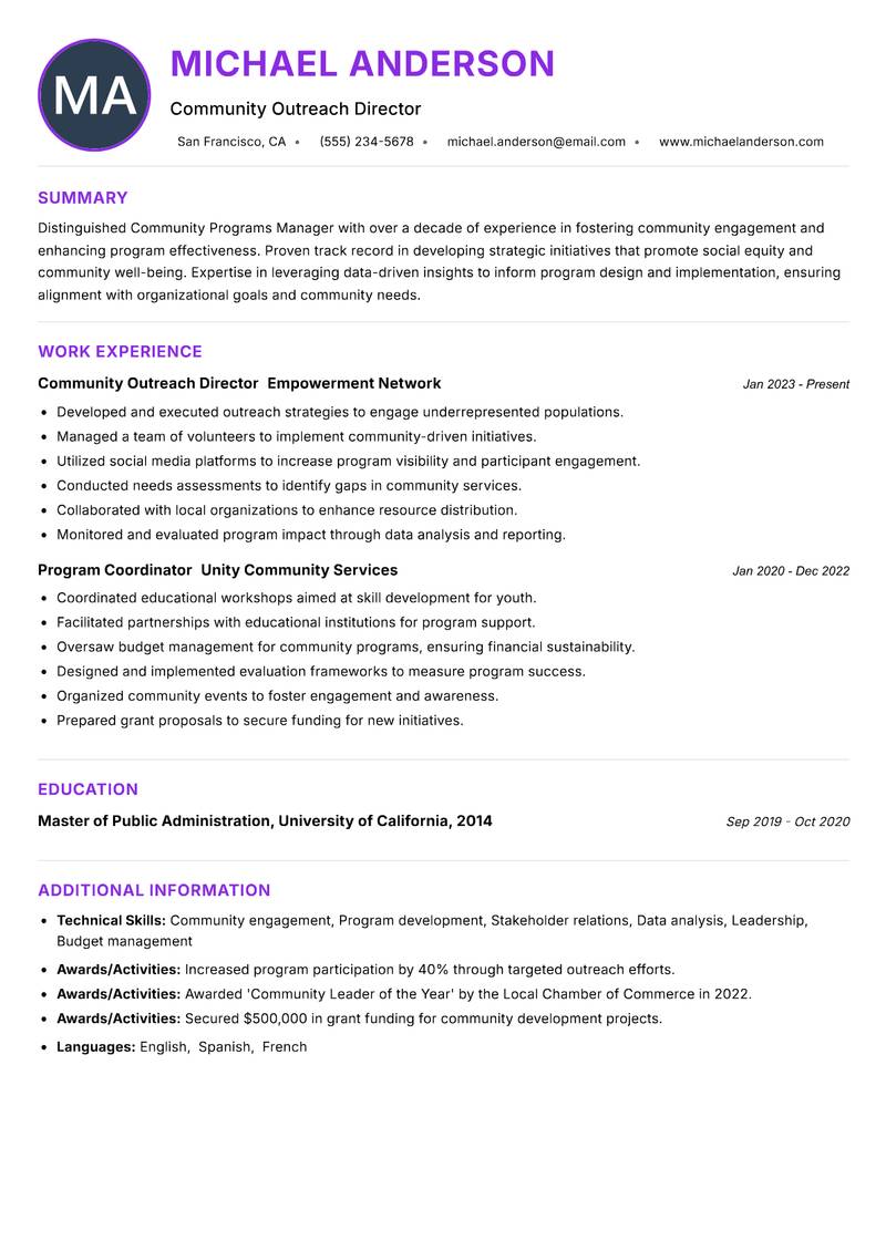 Community Programs Manager resume example