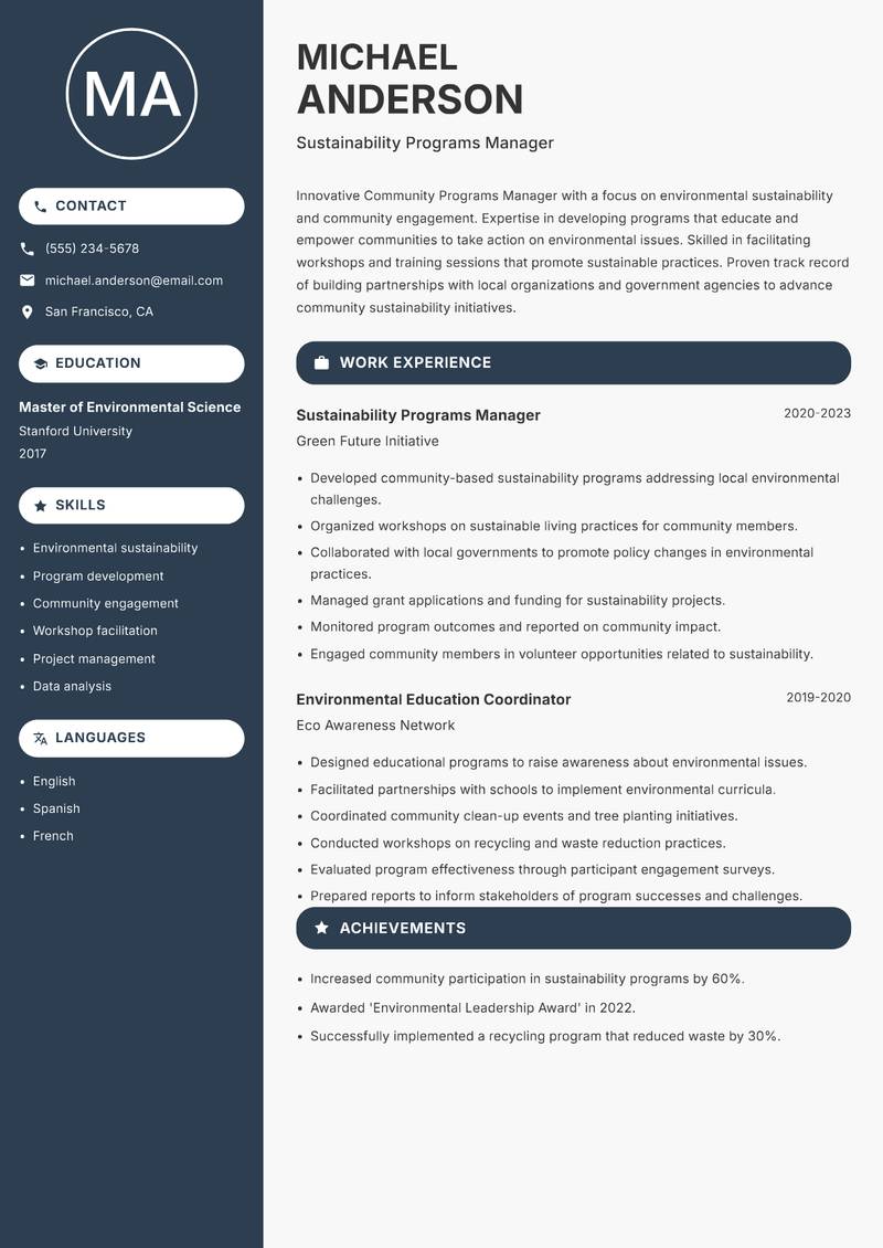 Community Programs Manager resume sample — Sustainability Programs Manager focus