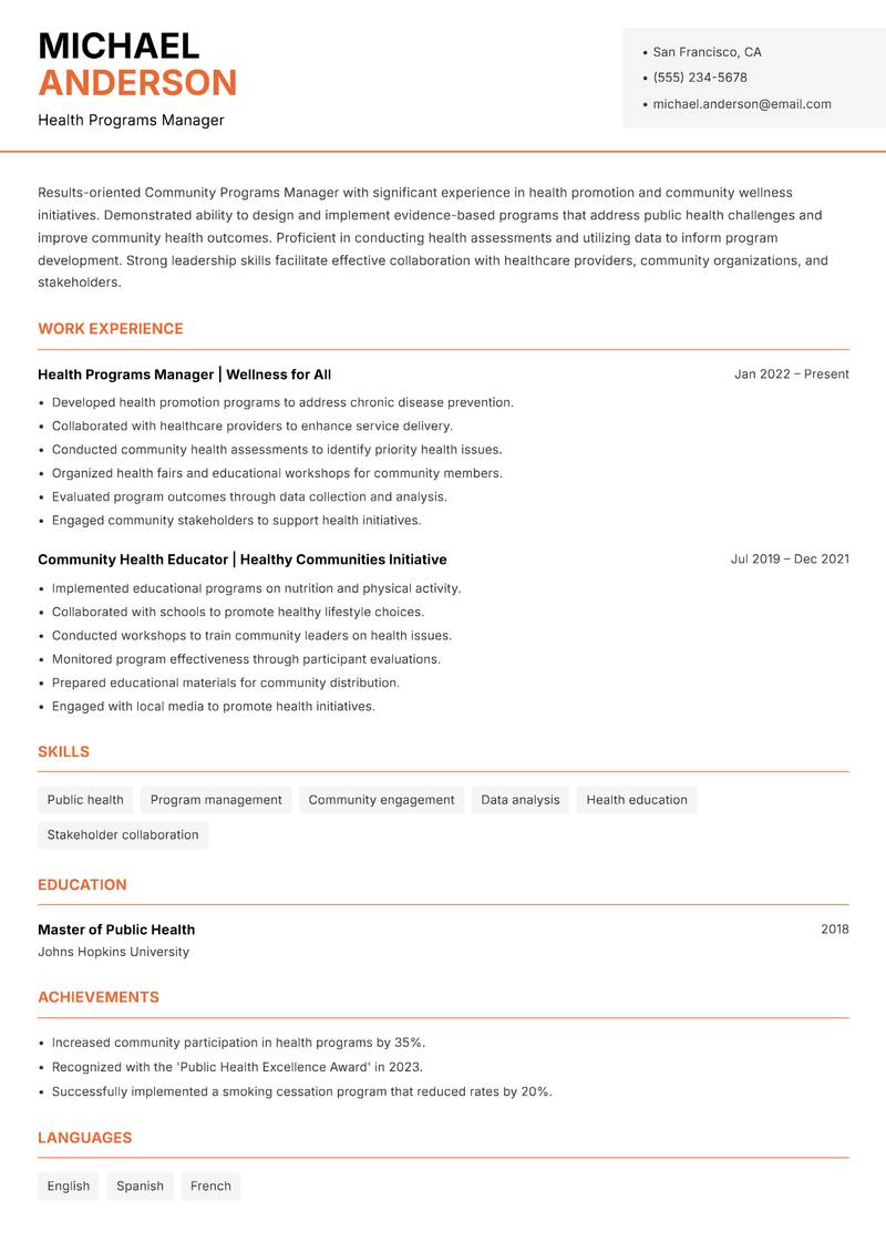 Community Programs Manager resume sample — Health Programs Manager focus