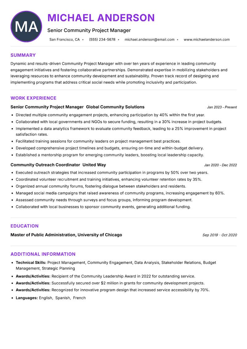 Community Project Manager resume example