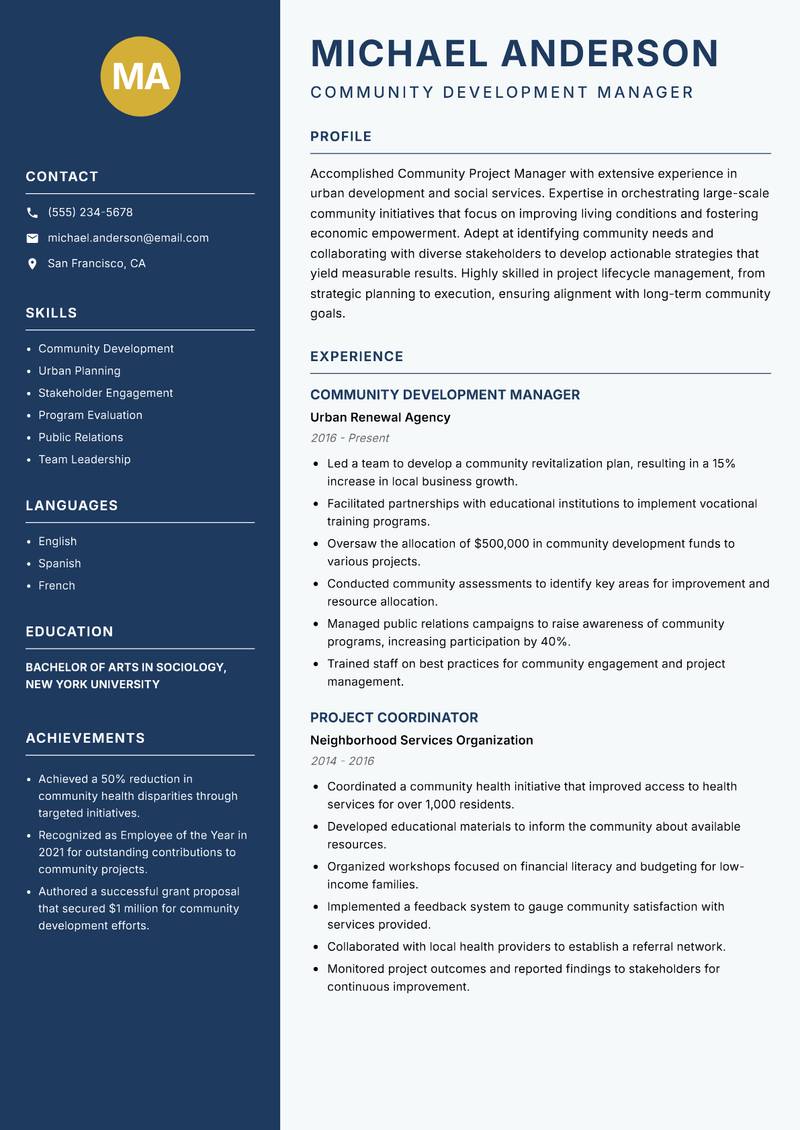Community Project Manager resume sample — Community Development Manager focus