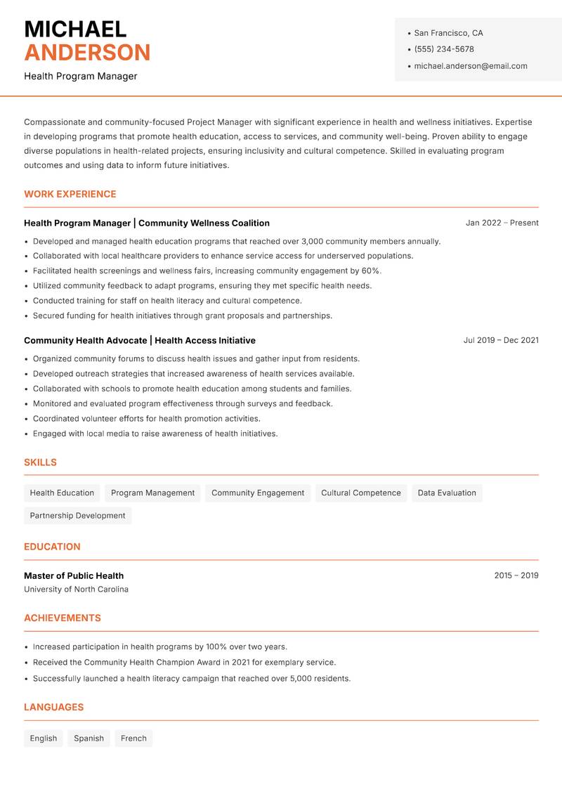 Community Project Manager resume sample — Health Program Manager focus